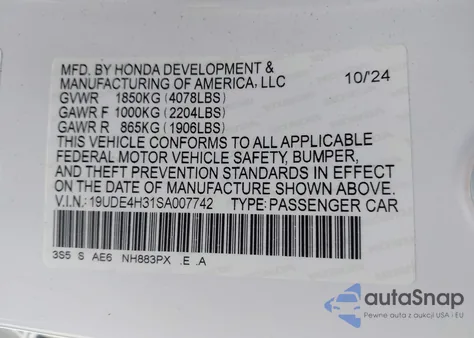 2025 Acura Integra A-Spec z USA, uszkodzony, nr VIN 19UDE4H31SA007742